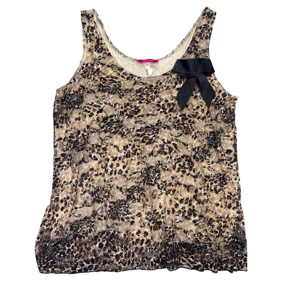 Julie's Closet Womens 2X Leopard Print Lace Tank Top Bow Accent Sleeveless Brown